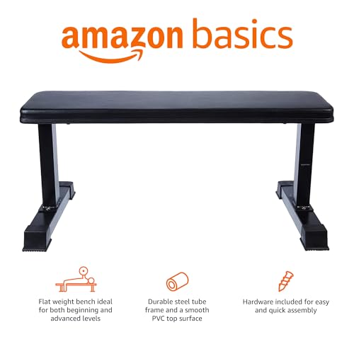 Amazon Basics Sturdy Flat Weight Bench for Home Gym, Strength Training, Stable Assembly, Black