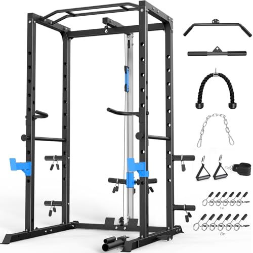 Power Cage, Multi-Functional Power Rack with J-Hooks, Dip Handles, Landmine Attachment and Optional Cable Pulley System for Home Gym - size: Power Cage with Pulley System