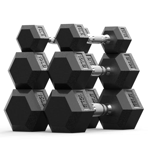 Rubber Encased Hex Dumbbell, Hand Weights with Anti-Slip Cast Iron Grip for Exercise & Fitness, Weights Dumbbells Set of 2 for Strength Training - style: 60 LB SET(5x2,10x2,15x2)