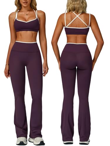ABOCIW Workout Sets for Women 2 Piece Color Block Strappy Sports Bra High Waist Flare Leggings Gym Yoga Pilates Outfits - color: Eggplant Purple, size: Medium