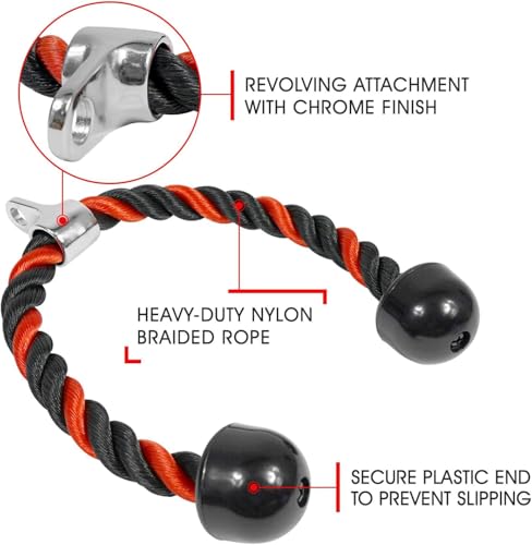 Yes4All Deluxe Tricep Rope Cable Attachment, 27 & 36 inch with 4 Colors, Exercise Machine Attachments Pulley System Gym Pull Down Rope with Carabiner - color: D. 27" Red Black
