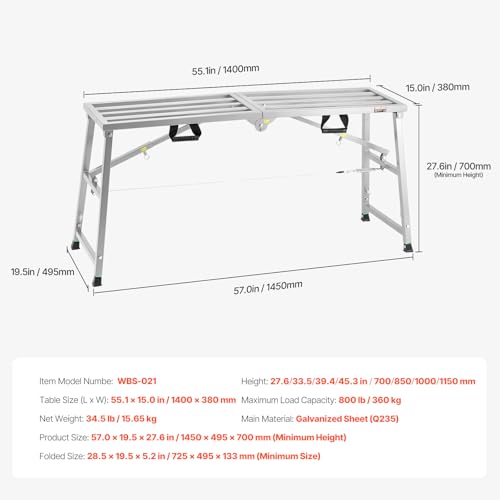 VEVOR Work Platform, 55"x 15" Portable Scaffolding Platform, Folding Steel Step Ladder Adjustable Height 27.5”-45.3”, 800 lbs Load Capacity, Non-Slip Drywall Painting Stool for Cleaning &Washing - size: 55"x 15"