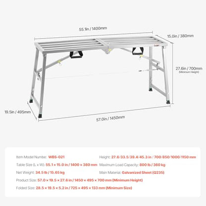 VEVOR Work Platform, 55"x 15" Portable Scaffolding Platform, Folding Steel Step Ladder Adjustable Height 27.5”-45.3”, 800 lbs Load Capacity, Non-Slip Drywall Painting Stool for Cleaning &Washing - size: 55"x 15"
