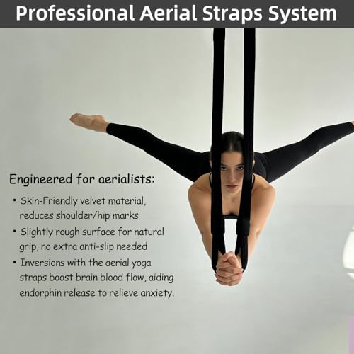 PRIOR FITNESS Aerial Straps Kit, Sparkling & No-Sparkling 3m/9.8ft Aerial Yoga Ropes for Trapeze w/SGS Certificate , Glitter Velvet Covers For Acrobtic Circus Props & Fitness with Wrist Lockers, and Carabiners (1 Pairs) - color: Black