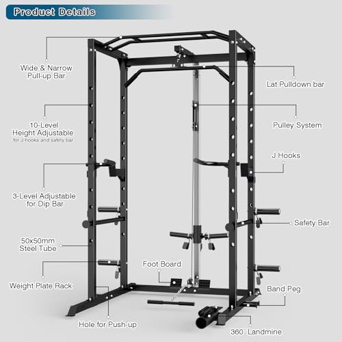 Power Cage, Multi-Functional Power Rack with J-Hooks, Dip Handles, Landmine Attachment and Optional Cable Pulley System for Home Gym - size: 240LB Weights Package,black