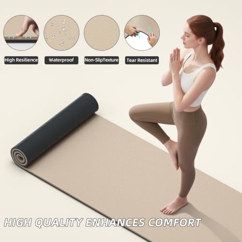 ILILI 10mm Extra Thick, TPE Yoga Mat, 76×28 Inch Extra Long, Carrying Strap - color: Beige+Black