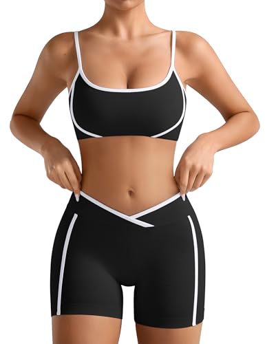 Relety Womens Workout Sets 2 Piece Seamless Sports Bra Crossover Scrunch Butt Shorts Contrast Trim Gym Yoga Outfits Padded - color: Black, size: Small