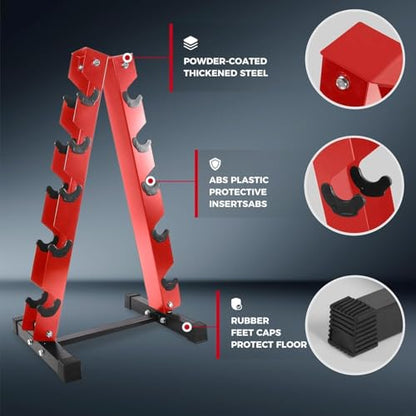 RitFit Rubber Hex Dumbbell Set with Storage Weight Rack - style: 350 LBS Red (10-50LB)