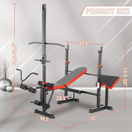 1500LB 8 IN 1 Olympic Weight Bench with Lat Pulldown and Leg Extension/Curl, Foldable Bench Press with Preacher Curl & Squat Rack, Workout Benches with Safety Bar Catches for Home Gym(US Stock)