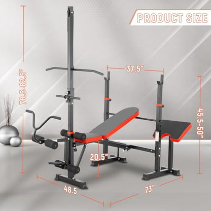 1500LB 8 IN 1 Olympic Weight Bench with Lat Pulldown and Leg Extension/Curl, Foldable Bench Press with Preacher Curl & Squat Rack, Workout Benches with Safety Bar Catches for Home Gym(US Stock)