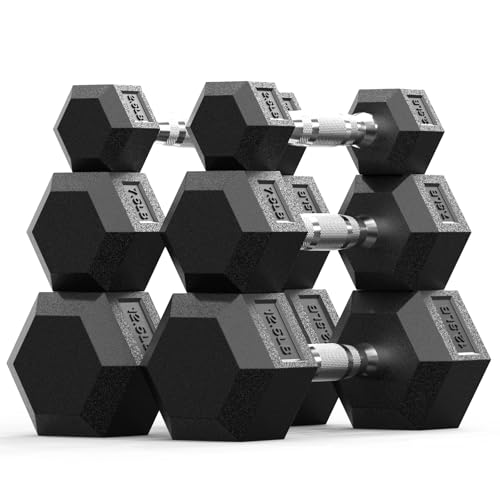 Rubber Encased Hex Dumbbell, Hand Weights with Anti-Slip Cast Iron Grip for Exercise & Fitness, Weights Dumbbells Set of 2 for Strength Training - style: 45 LB SET(2.5x2,7.5x2,12.5x2)