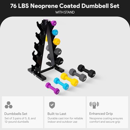 BalanceFrom Neoprene Coated Iron Dumbbell Hex Weights Set with Stand – Color-Coded or Black Options with Non-Slip Grip for Strength Training, Resistance Workouts, and Home Gym Fitness - style: 76LB Set