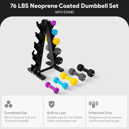 BalanceFrom Neoprene Coated Iron Dumbbell Hex Weights Set with Stand – Color-Coded or Black Options with Non-Slip Grip for Strength Training, Resistance Workouts, and Home Gym Fitness - style: 76LB Set