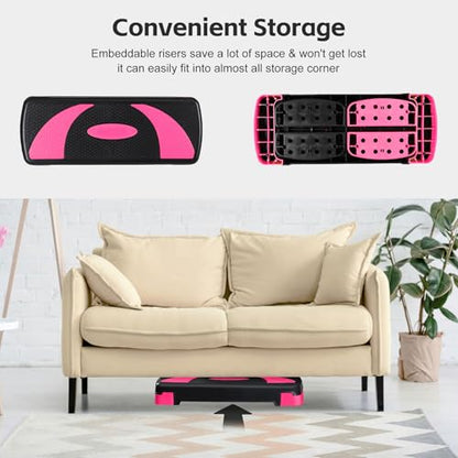 LEMY Adjustable Workout Aerobic Stepper, Exercise Step Platform for Home, Fitness, Gym, Strength Training - color: Black/Pink
