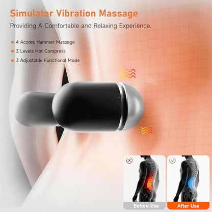 3-in-1 Electric Lumbar Support Pillow with Adjustable Height for Bed and Chair, Triple Fusion Cordless Back Massager with Heated, Vibration, Traction, Lower Back Pain Relief for Home & Office, Car