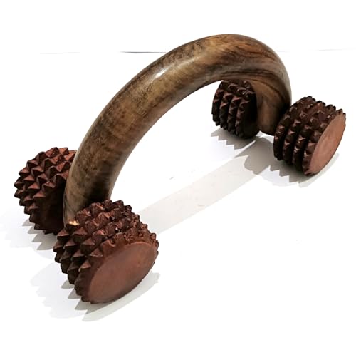 Wooden 4-Roller Massage Tool, Arch Handle, Spiked Rollers for Back, Neck, and Foot Relief