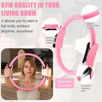 11 Pcs Pilates Ring Set for Women, Yoga Home Gym Equipment with 12" Ring, 9.8" Exercise Ball, 5 Resistance Bands, 8 Figure Strap, Core Sliders & Storage Bag, for Beginner Workouts & Gifts