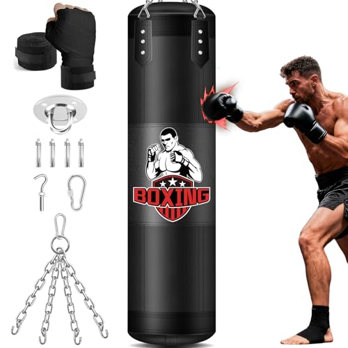 Punching Bag for Adults, 4FT PU Heavy Boxing Bags with Chain Ceiling Hook, Hanging Boxing Bag for Kickboxing Muay Thai Karate Judo Taekwondo Home Gym Training, Unfilled - style: Fighter