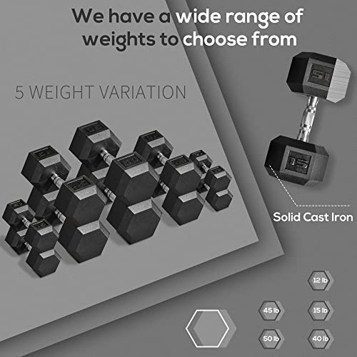 Soozier 2 x 12lbs/2 x 15lbs/2 x 40lbs/2 x 45lbs/2 x 50lbs Hex Dumbbell Set of 2, Rubber Weights Exercise Fitness with Non-Slip Handles, Anti-roll, for Women or Men Home Gym Workout, Black - style: 2 x 15lbs