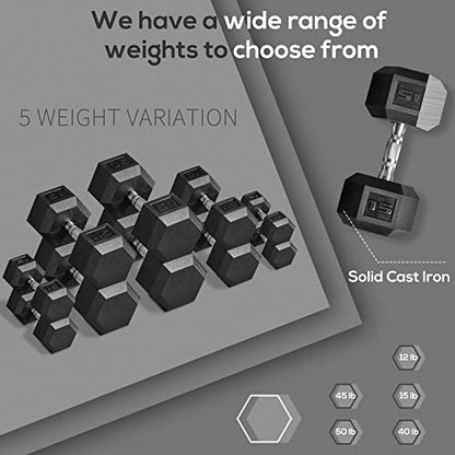 Soozier 2 x 12lbs/2 x 15lbs/2 x 40lbs/2 x 45lbs/2 x 50lbs Hex Dumbbell Set of 2, Rubber Weights Exercise Fitness with Non-Slip Handles, Anti-roll, for Women or Men Home Gym Workout, Black - style: 2 x 15lbs