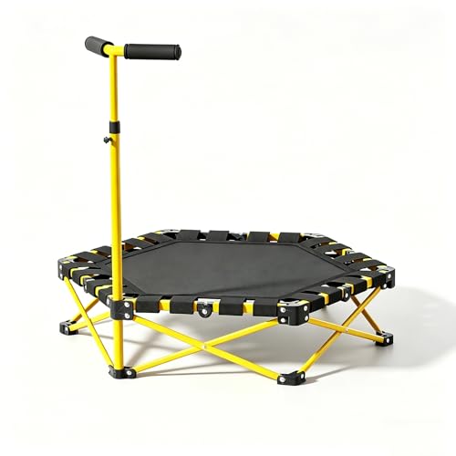 Foldable Mini Trampoline, Rebounder Trampoline with Adjustable Foam Handle Height Adjustable Trampoline Recreational Workout Indoor Home Gym Max Load 440lbs - color: Yellow