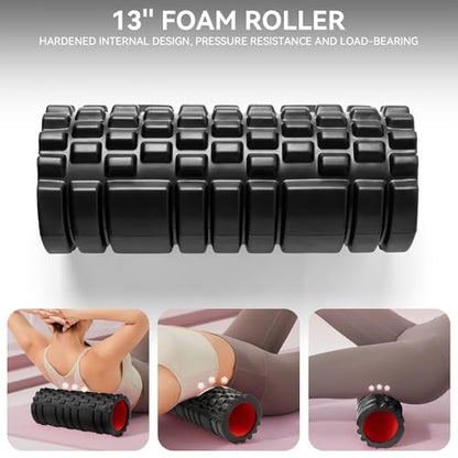 Krightlink 5-in-1 Foam Roller Set - Deep Tissue Muscle Recovery Kit with High Density Exercise Roller, Massage Ball, Resistance Band & Carry Bag for Physical Therapy & Pain Relief (Black) - color: Pure Black