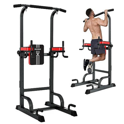 Pooboo Power Tower Dip Station Pull Up Bar for Fitness Home Gym Workout,Multi-Function Adjustable Height Fitness Strength Training Exercise Equipment (Black)