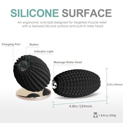 Silicone Vibrating Massage Ball with Rolling Head, 3-Speed Myofascial Massage Roller for Plantar Fasciitis Relief, Hip & Psoas Release, Trigger Point Therapy for Neck, Back, Foot (Black)