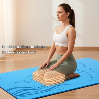 Extra Wide Yoga Mat 76"x40"x10mm TPE Double-Width Exercise Mat for Couples, Tall Yogis & Home Workouts, Non-Slip, Free of PVC & Latex - color: Medium blue + Dark blue