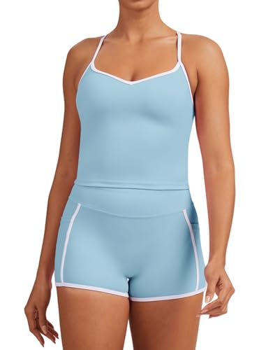 QBGJTD Women 2 Piece Workout Sets Cross Back Tank Top and High Waist Booty Lifting Shorts Yoga Active Outfits with Pockets - color: Blue, size: Small