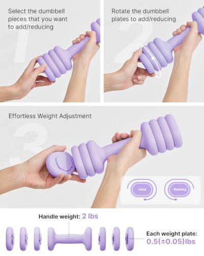 YOTTOY Adjustable Dumbbell Set of 2, 4-in-1 Hand Weights for Women at Home, Compact Free Weights Dumbbells Set with Soft Grip and Base, 2-5 lbs Each for Home Gym - color: Purple