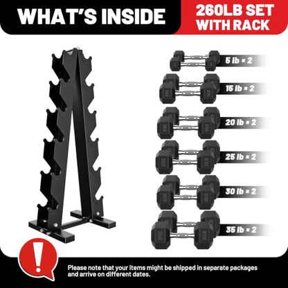 Hex Dumbbell Sets with Rack, 85-560lb Dumbbell Weight Set & Storage Rack - size: 260lb (5, 15, 20, 25, 30, 35lb)x2& Rack