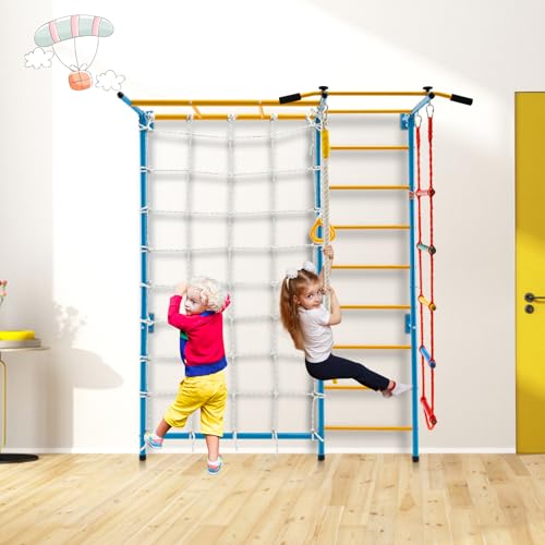 GLACER 7-in-1 Indoor Adventure Playground with Steel Frame, Monkey Bars & Gym Rings for Kids Aged 3+, Solid Wall Set up - style: 7 In 1