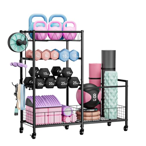 HavenlyYouth Dumbbell Rack, Home Gym Weight Rack Storage, Adjustable Dumbbell Stand Organizer with Wheels, Holds Dumbbells, Kettlebells, Yoga Mats