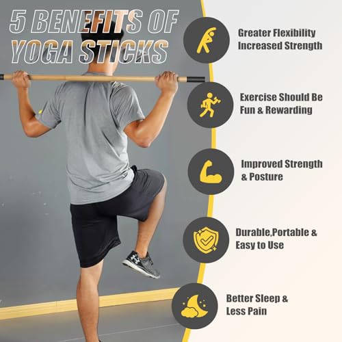 Bamboo Stretch Yoga Stick, 5ft/149 cm, Flexibility Stick for Physical Therapy, Premium Yoga Dowel with Super Sturdy Rubber Handle Ends, Exercise Bar for Posture Corrector