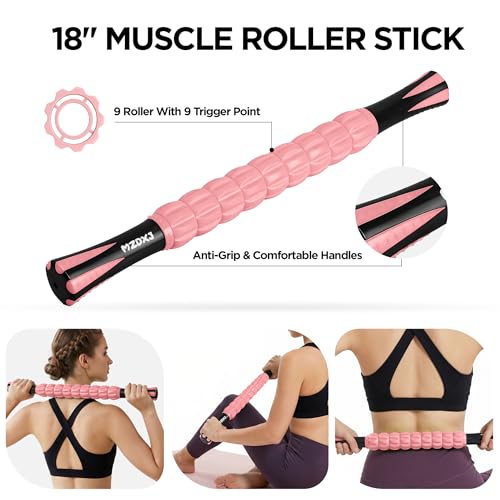 Muscle Roller & Massage Roller Stick for Athletes - Lymphatic Drainage Support, Relieves Muscle Soreness, Cramping & Tightness - Targets Legs, Arms, Back & Calves （Pink - 18inch）