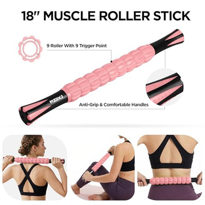 Muscle Roller & Massage Roller Stick for Athletes - Lymphatic Drainage Support, Relieves Muscle Soreness, Cramping & Tightness - Targets Legs, Arms, Back & Calves （Pink - 18inch）