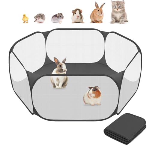 Amakunft 2 in 1 Small Animal Playpen with Waterproof Pad, Pop-Up Portable Play Yard for Guinea Pigs, Rabbits, Hamsters, Hedgehogs, Foldable Exercise Fence with Breathable Mesh for Indoor Outdoor Use - color: BLACK with Pad