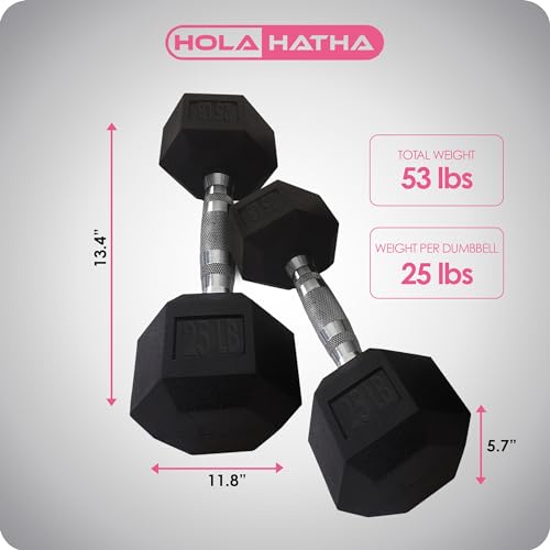 HolaHatha Hexagonal Rubber Dumbbell Weights Set, Home Gym Equipment - style: 25lb Pair