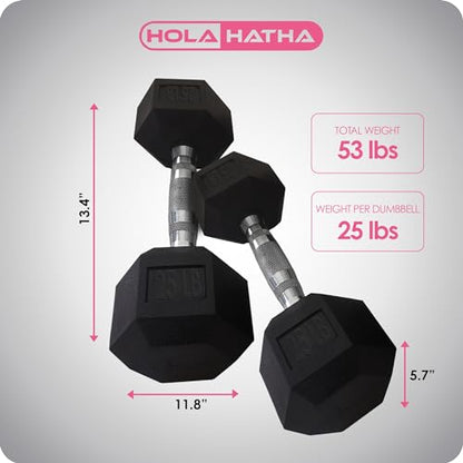 HolaHatha Hexagonal Rubber Dumbbell Weights Set, Home Gym Equipment - style: 25lb Pair