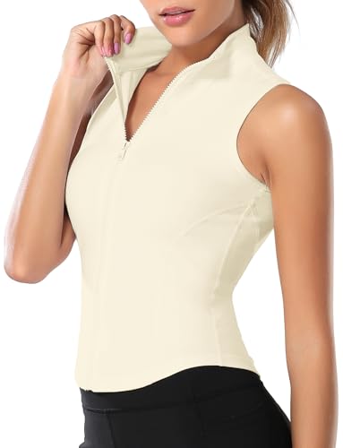 FEOYA Women Sleeveless Athletic Tank Top Shirts Full Zip Up Tshirt for Yoga Running Fitness Exercise - color: Upgrated Beige, size: Medium
