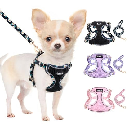 Lukovee No Pull Puppy Harness and Leash Set - Adjustable Lightweight Soft Dog Harness, Reflective Step in Breathable Mesh Vest with 51in Leash for Walking Hiking Small Medium Dogs (Black, XS)