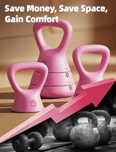 EAST MOUNT 15LB Adjustable Kettlebell Set – 3-in-1 (5/9/15 LB), Compact Adjustable Weights, Wide Triangle Handle and Wrist-Friendly Design for Home Gym, Full-Body Workouts and Strength Training - color: Pink