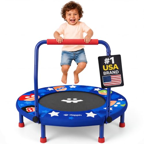 Happin® 36'' Toddler Trampoline Indoor, Foldable Mini Trampoline for Kids Ages 2-6, ASTM Certified, Adjustable Handle, Safety Pad for Indoor & Outdoor, Baby Trampolines, for Boy & Girl - color: Blue and Red