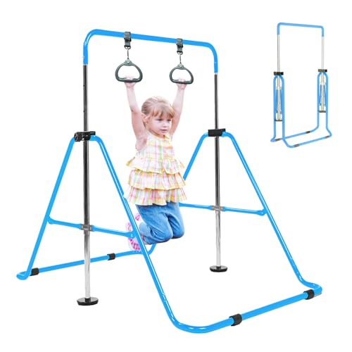 Foldable Gymnastics Bar with Rings, Adjustable Collapsible Horizontal Training Equipment Set for Indoor Outdoor Home Use Gym Gift in Pink Purple Blue - color: Blue