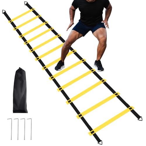 12 Rungs Agility Ladder Set, Training Ladder with Steel Stakes and Carry Bag for Soccer, Speed Fitness Feet Training