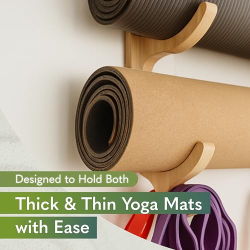 Wooden Yoga Mat Holder Wall Mount - Yoga Mat Storage Rack - Home Gym Equipment Storage & Organizer - Resistance Band Wall Mount - Home Gym Accessories Wall Rack - Workout Storage Organizer