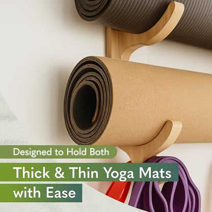 Wooden Yoga Mat Holder Wall Mount - Yoga Mat Storage Rack - Home Gym Equipment Storage & Organizer - Resistance Band Wall Mount - Home Gym Accessories Wall Rack - Workout Storage Organizer