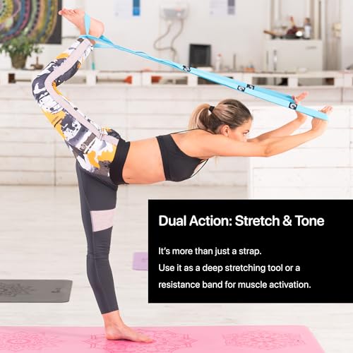 YOGA-EVO Elastic Stretching Strap with Loops for Physical Therapy - Stretch & Activate Muscles - Increase Mobility & Recovery - Soft Cotton & Spandex - Includes Carrying Pouch & Video Exercises - color: Blue
