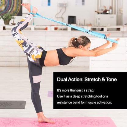 YOGA-EVO Elastic Stretching Strap with Loops for Physical Therapy - Stretch & Activate Muscles - Increase Mobility & Recovery - Soft Cotton & Spandex - Includes Carrying Pouch & Video Exercises - color: Blue